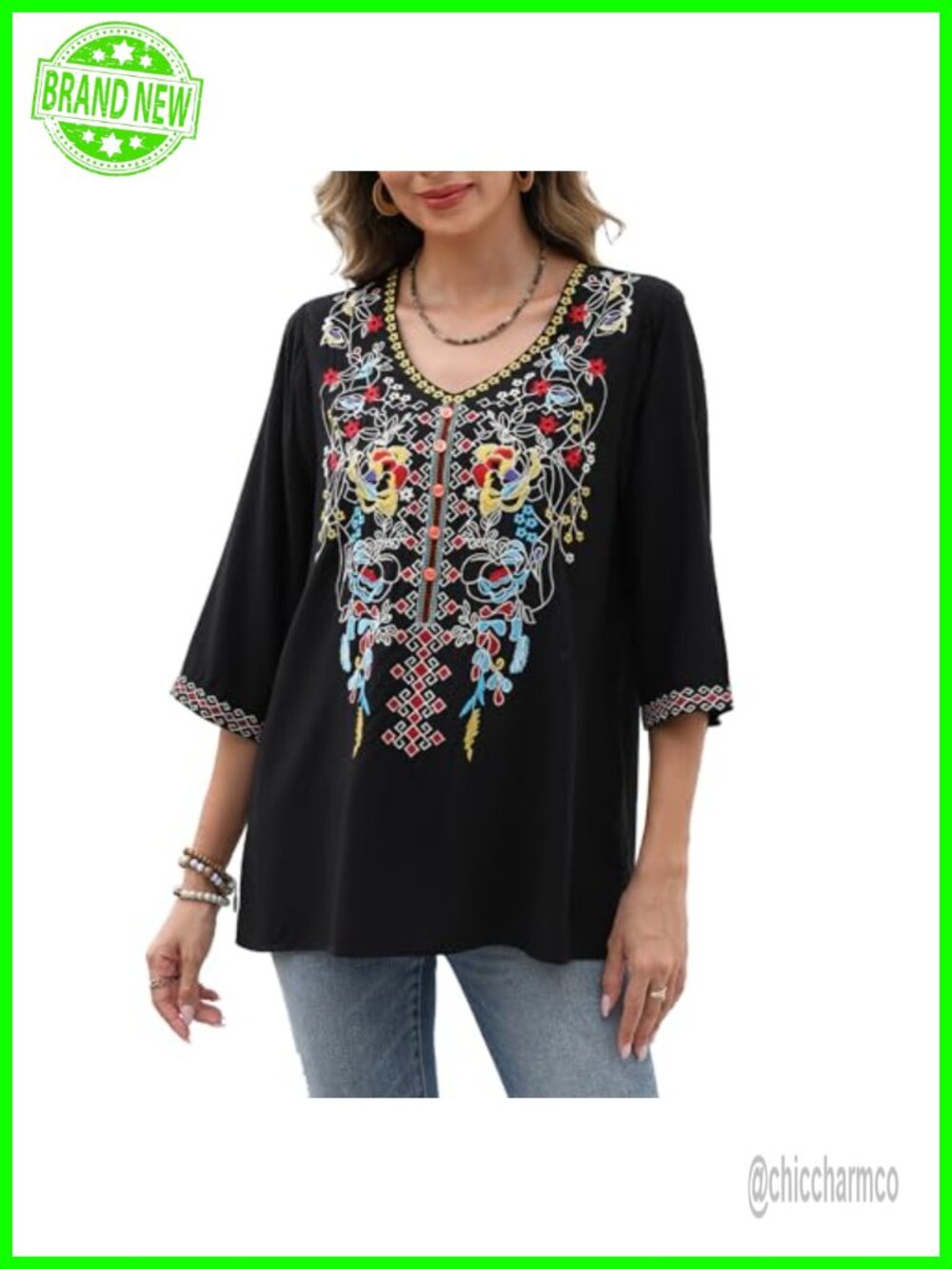 Embroidered Bohemian Peasant Blouse 3/4 Sleeve V-Neck Tunic Top Viscose Rayon